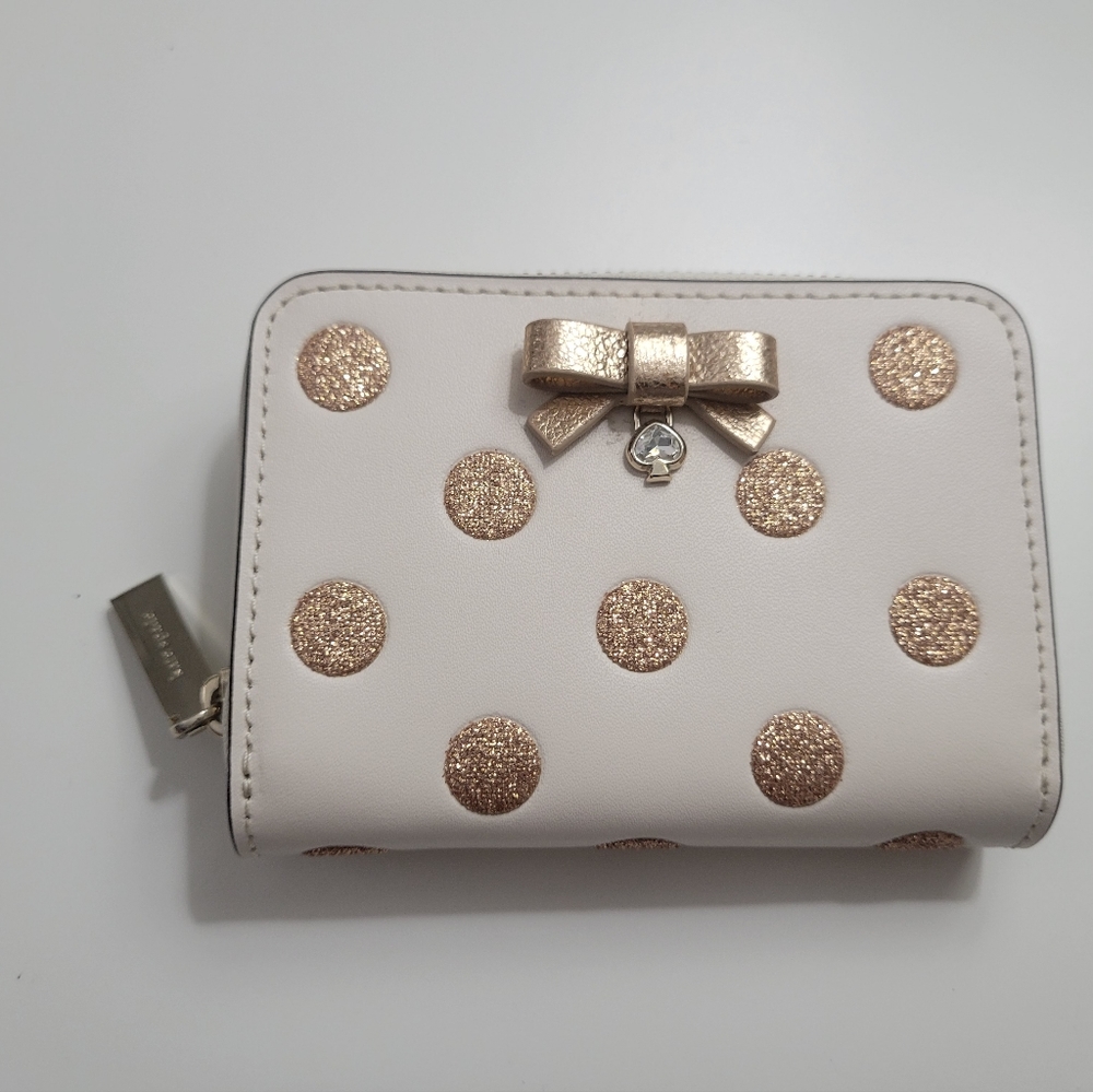 NWT kate spade white crem bow polka dot champagne gold zip around small wallet